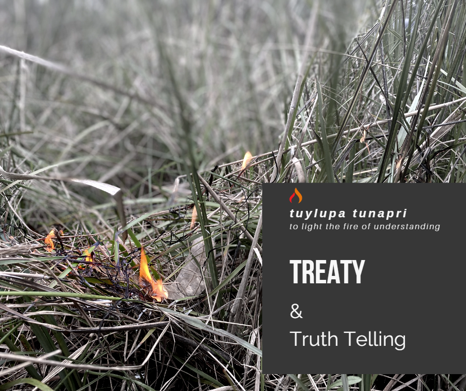 A photo of grasses with a few small flames starting to take hold, with writing that says tuylupa tunapri, to light the fire of understanding and Treaty and Truth Telling